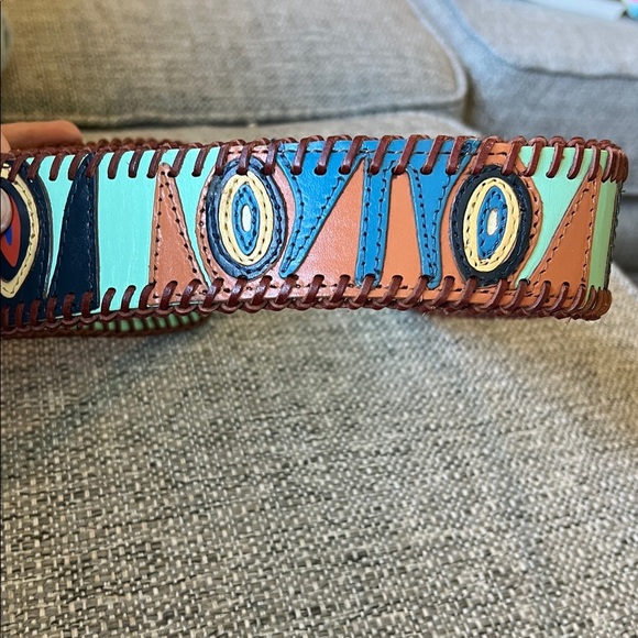 Colorful Patterned Leather Belt with whipstitching statement piece size small - Picture 4 of 8